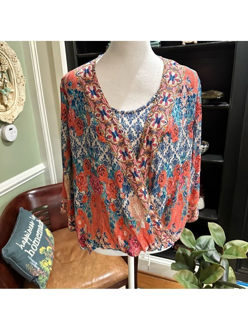 Tolani Boho Floral Wrap Silk Blouse Size XS